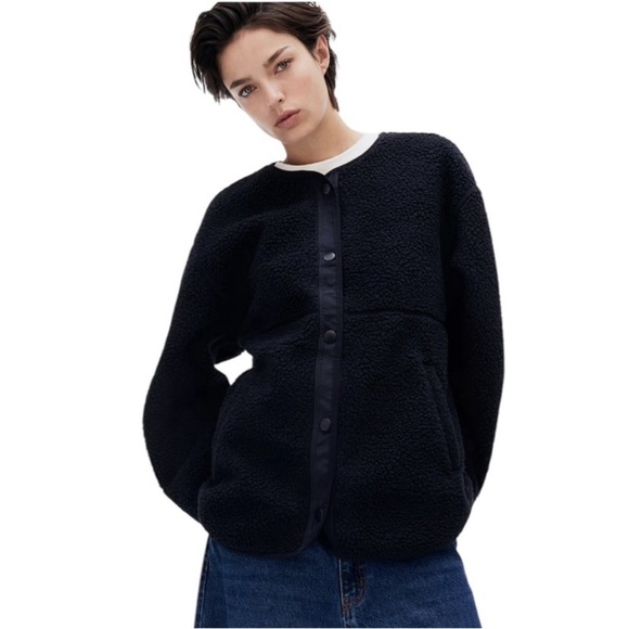 H&M Teddy Fleece Jacket Snap Front Oversized Large Fluffy Fuzzy Cozy Comfy - Picture 1 of 11